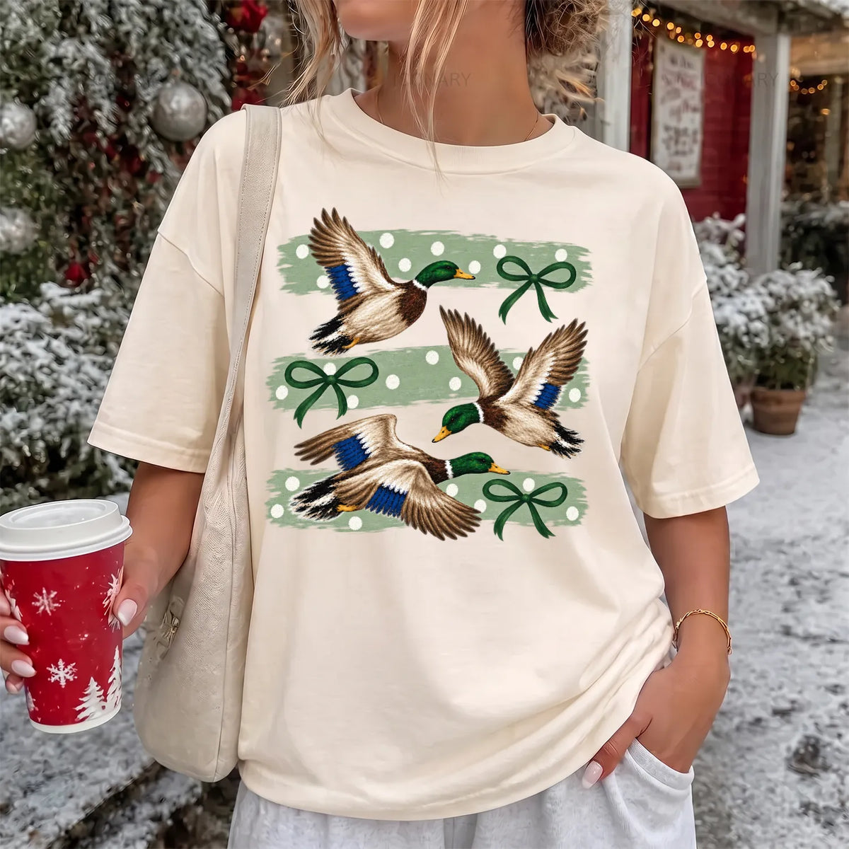 Mallard Ducks and Bows T-Shirt Women model in Ivory