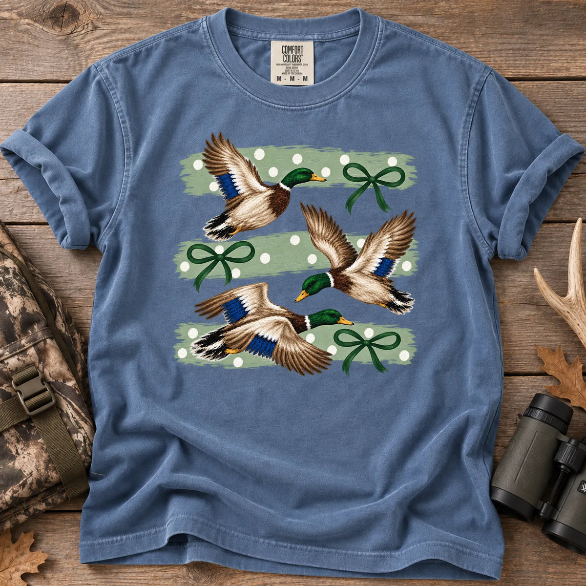 Mallard Ducks and Bows T-Shirt in Blue Jean