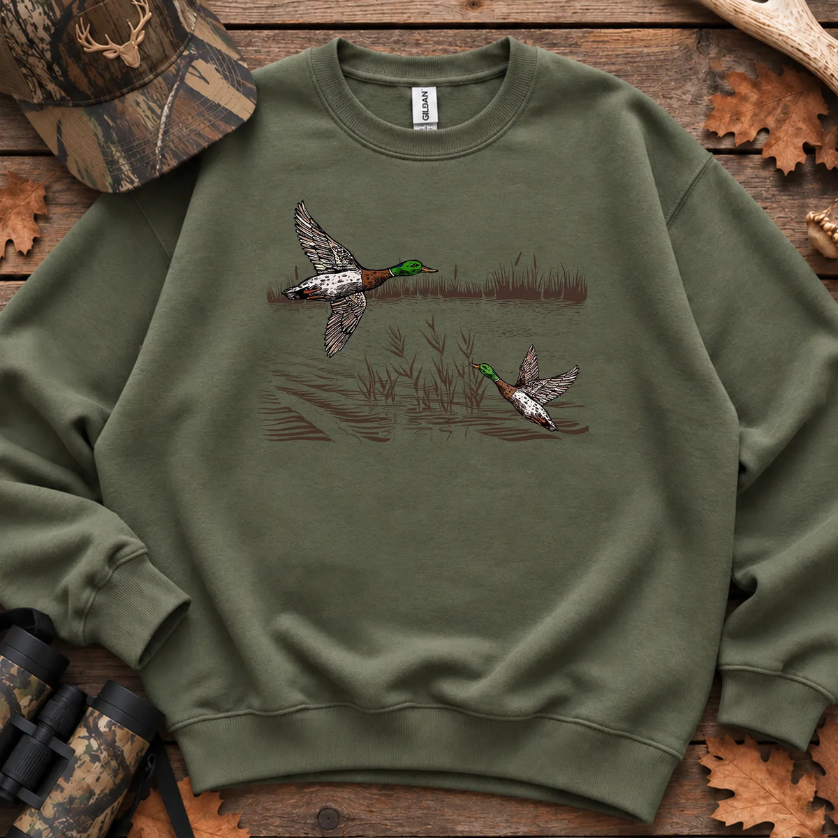 Mallard Ducks Fall Marsh Sweatshirt in Military Green