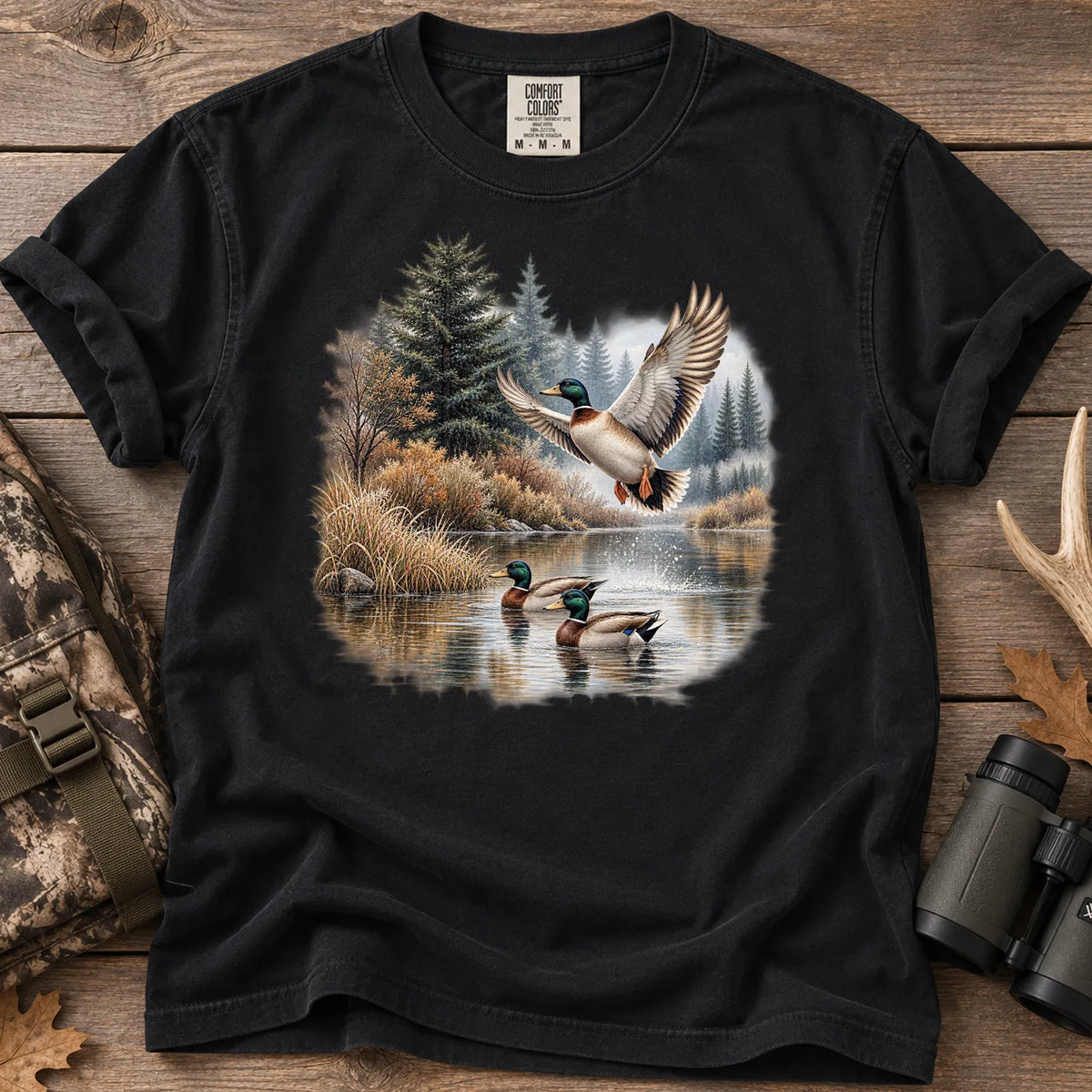 Mallard Ducks Fall Pond T-Shirt in Black