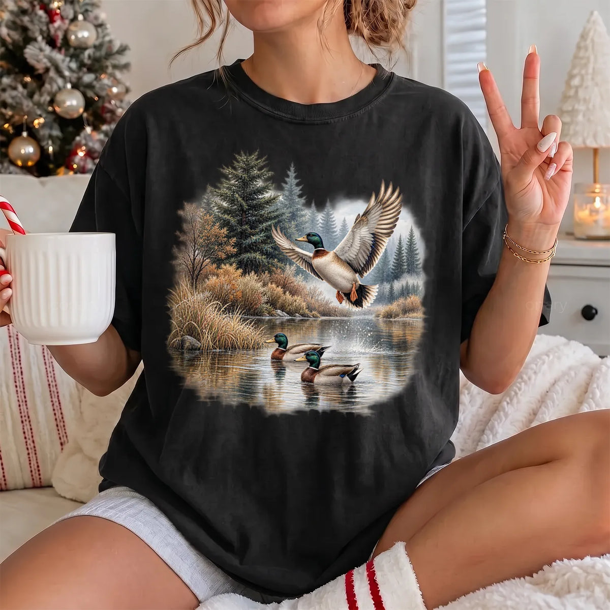 Mallard Ducks Fall Pond T-Shirt Women model in Black