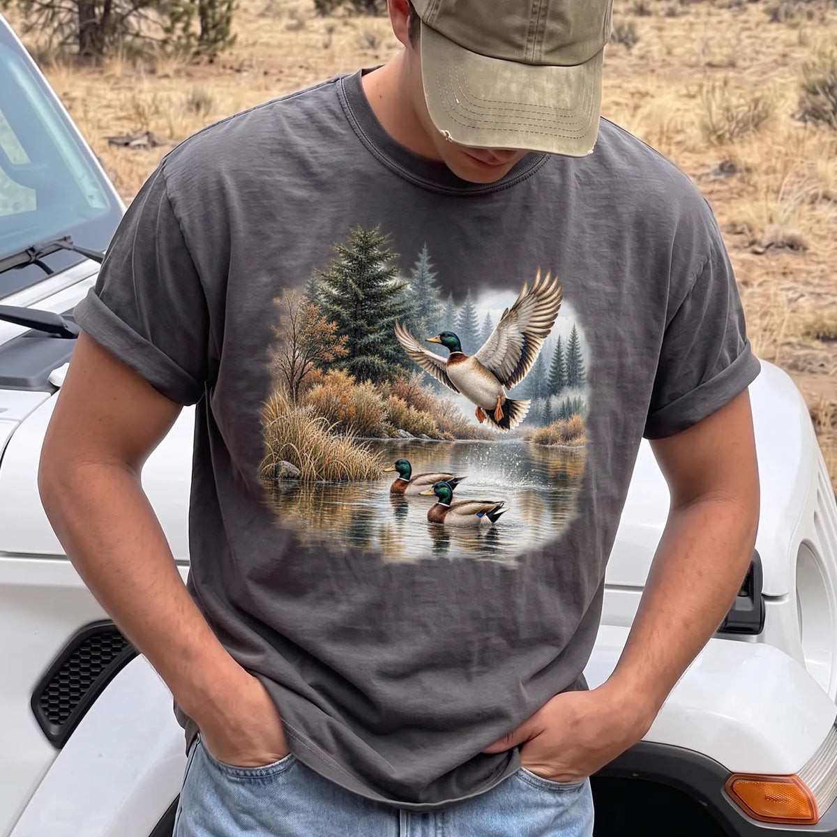 Mallard Ducks Fall Pond T-Shirt Men model in Pepper