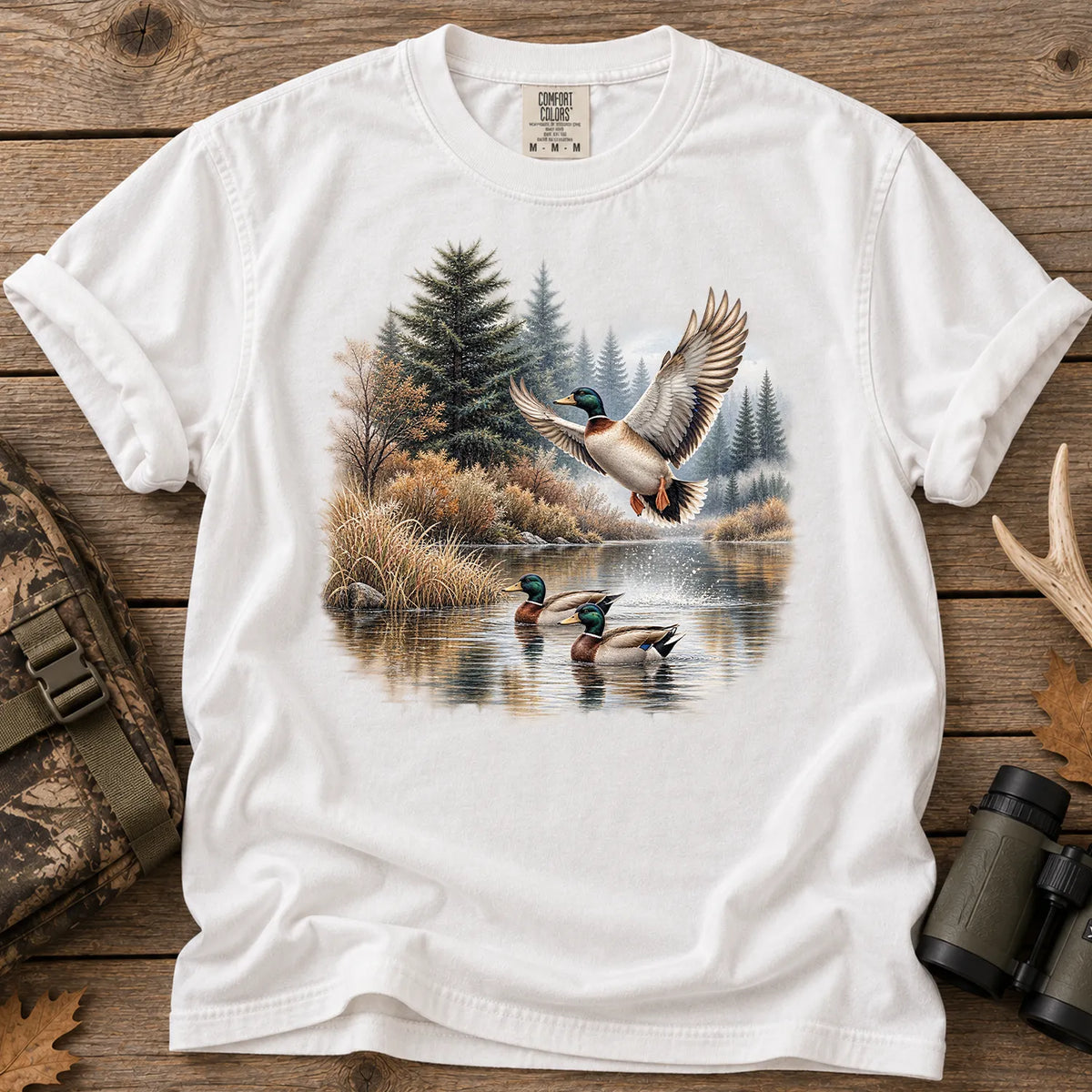 Mallard Ducks Fall Pond T-Shirt in White