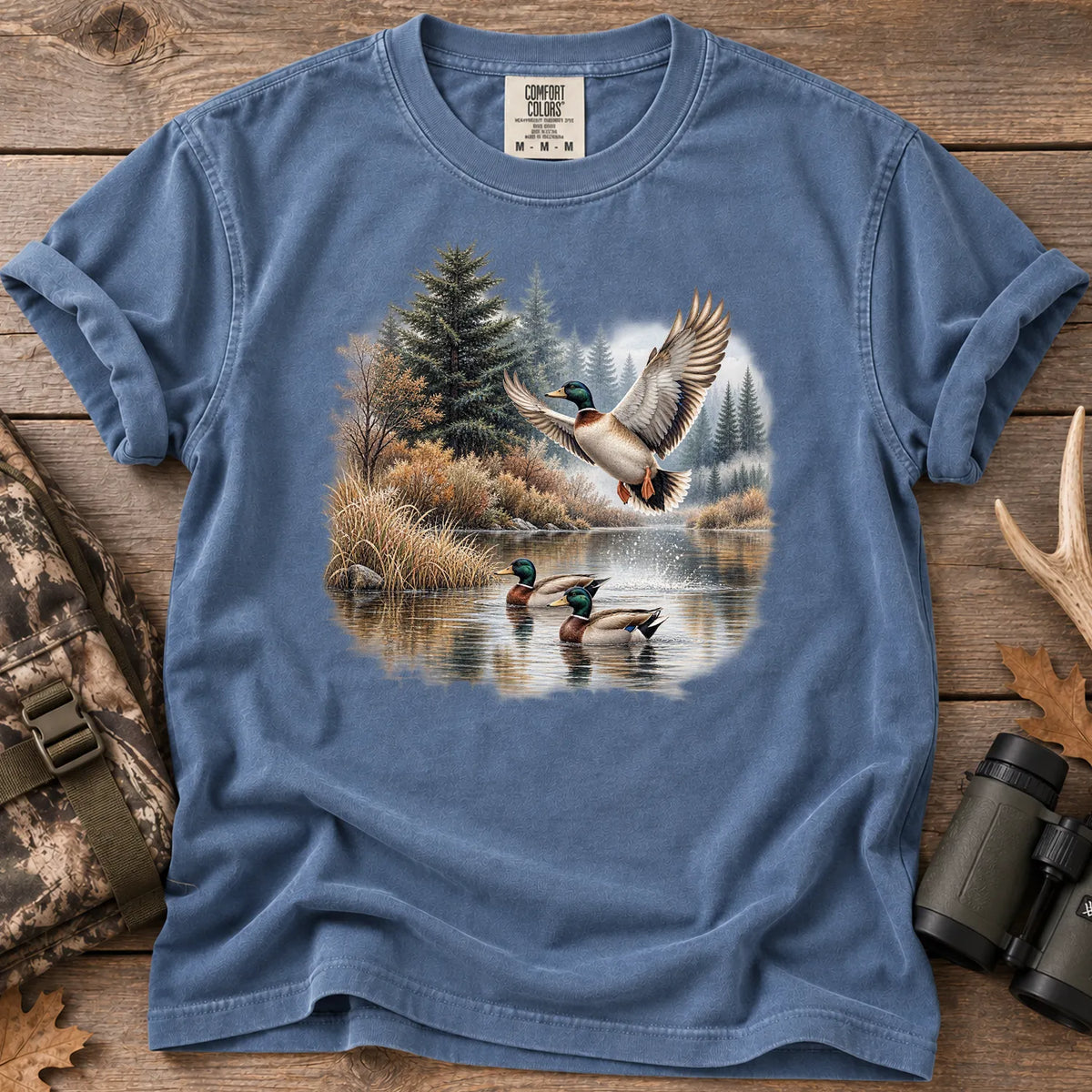 Mallard Ducks Fall Pond T-Shirt in Blue Jean