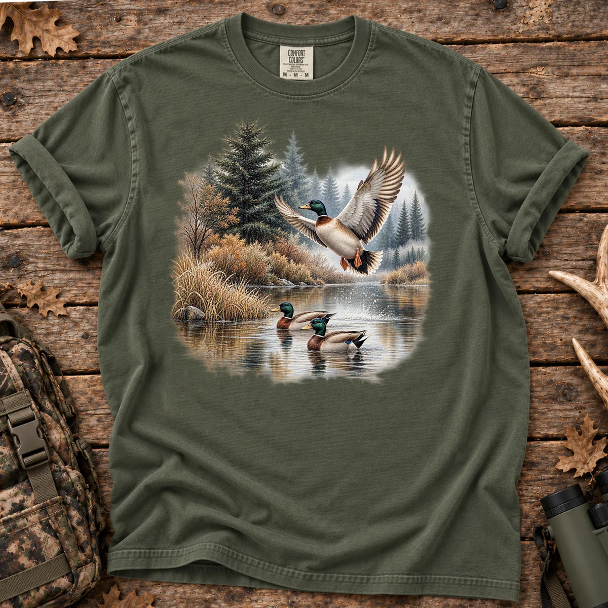 Mallard Ducks Fall Pond T-Shirt in Moss
