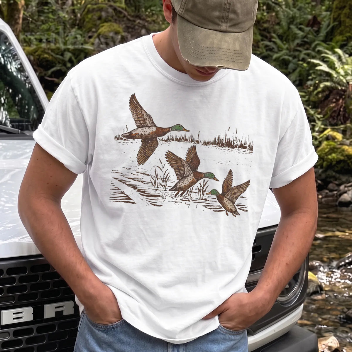 Mallard Ducks in Flight T-Shirt Men model in White