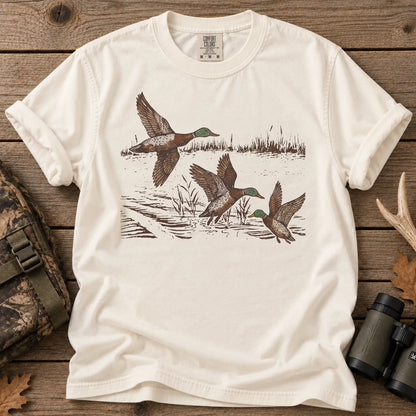 Mallard Ducks in Flight T-Shirt in Ivory