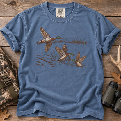Mallard Ducks in Flight T-Shirt in Blue Jean