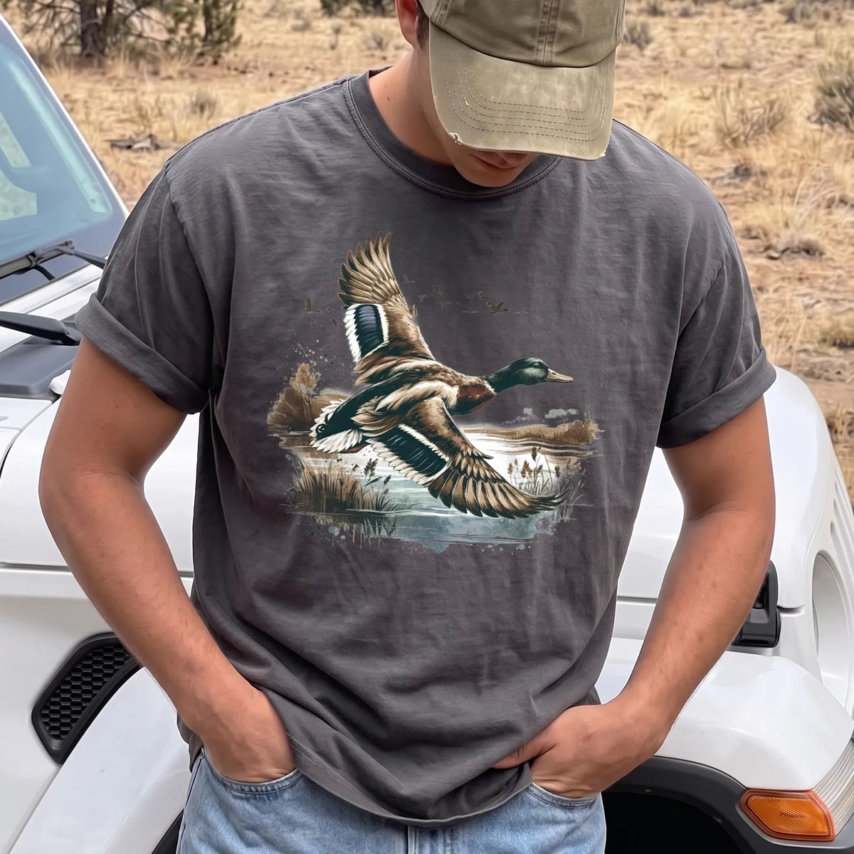 Mallard Ducks Marsh T-Shirt Men model in Pepper