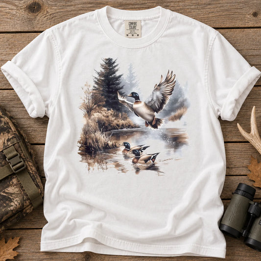 Mallard Ducks Winter Pond T-Shirt in White