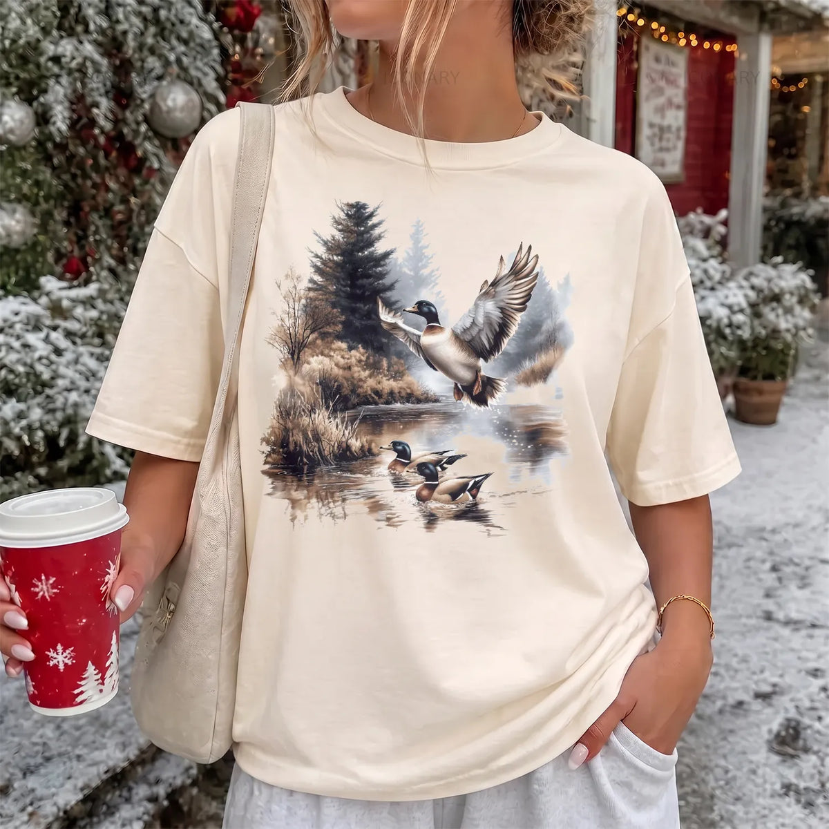 Mallard Ducks Winter Pond T-Shirt Women model in Ivory