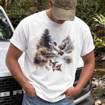 Mallard Ducks Winter Pond T-Shirt Men model in White