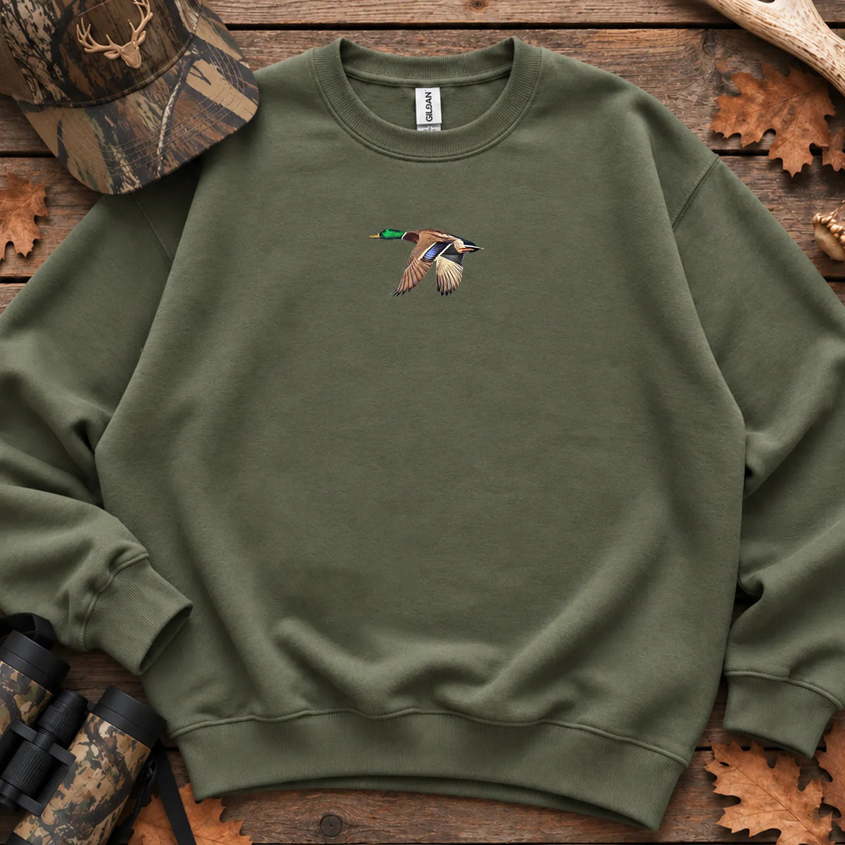 Mallard in Flight Chest Sweatshirt in Military Green