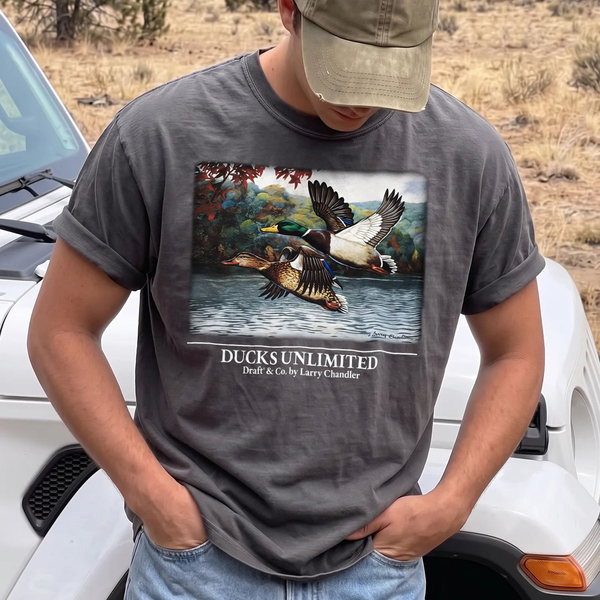 Mallard Lake Scene T-Shirt Men model in Pepper