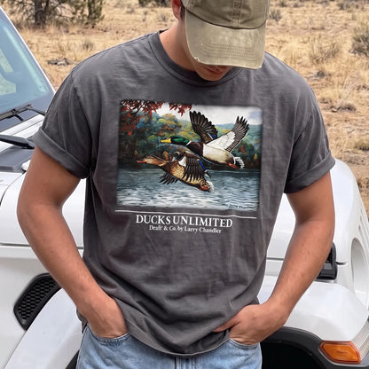 Mallard Lake Scene T-Shirt Men model in Pepper