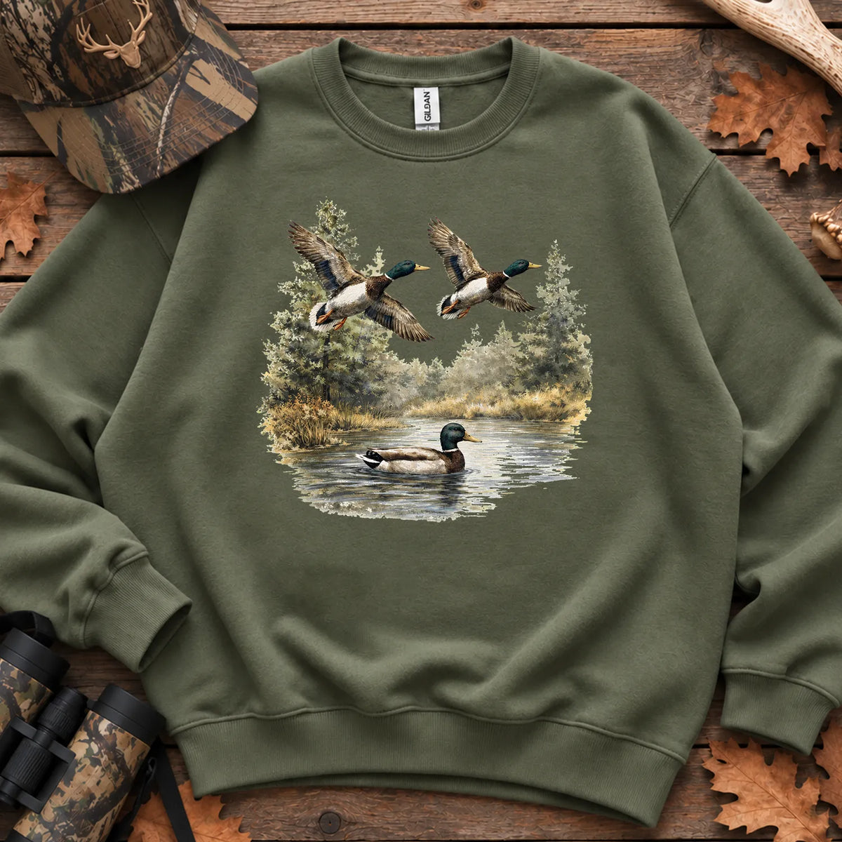 Mallard Nature Pond Sweatshirt in Military Green