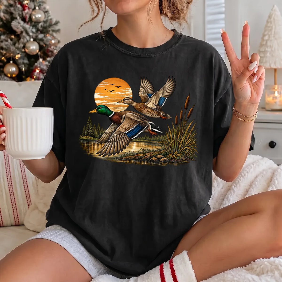Mallard Sunset Flight T-Shirt Women model in Black