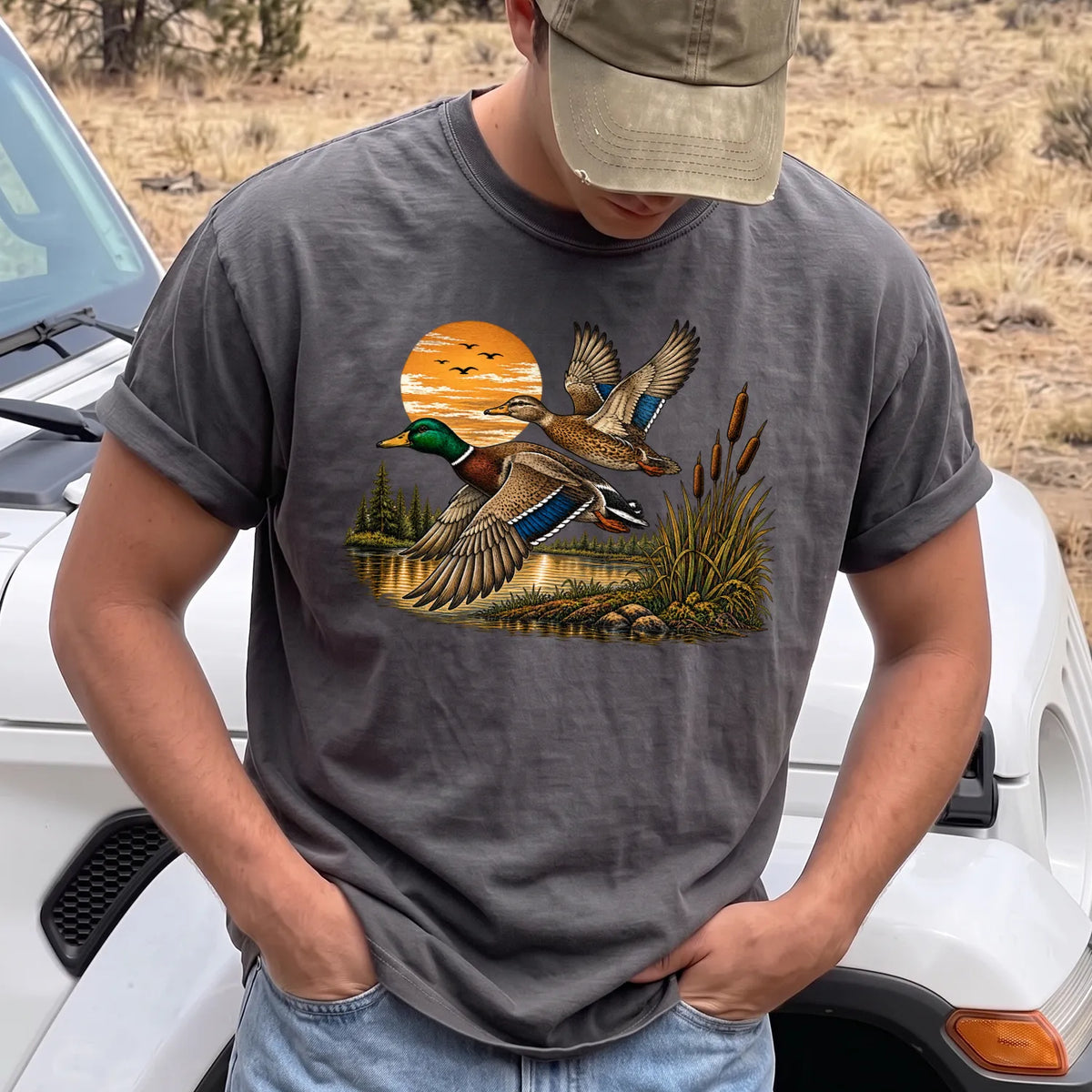Mallard Sunset Flight T-Shirt Men model in Pepper