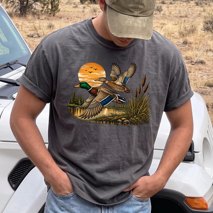 Mallard Sunset Flight T-Shirt Men model in Pepper