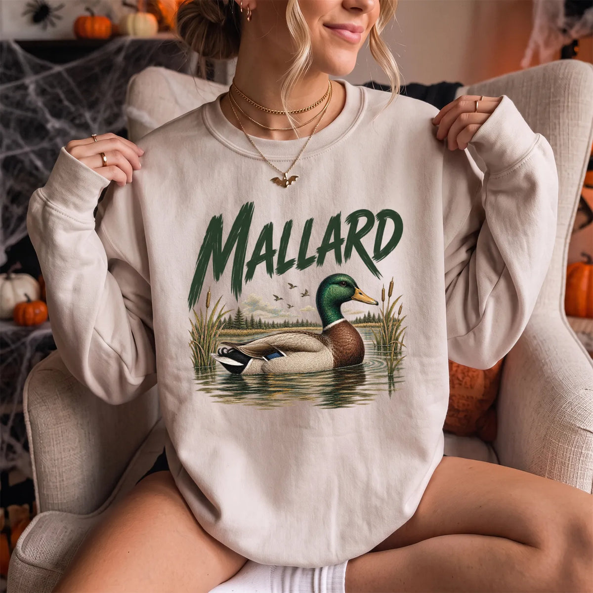 Mallard Waterfowl Scene Sweatshirt Women model in Sand