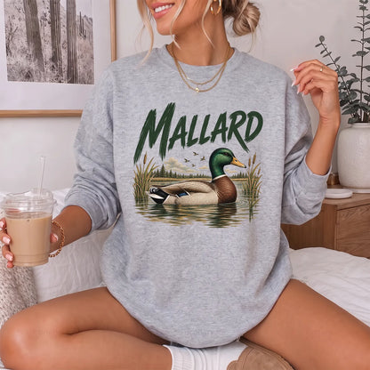 Mallard Waterfowl Scene Sweatshirt Women model in Sport Grey