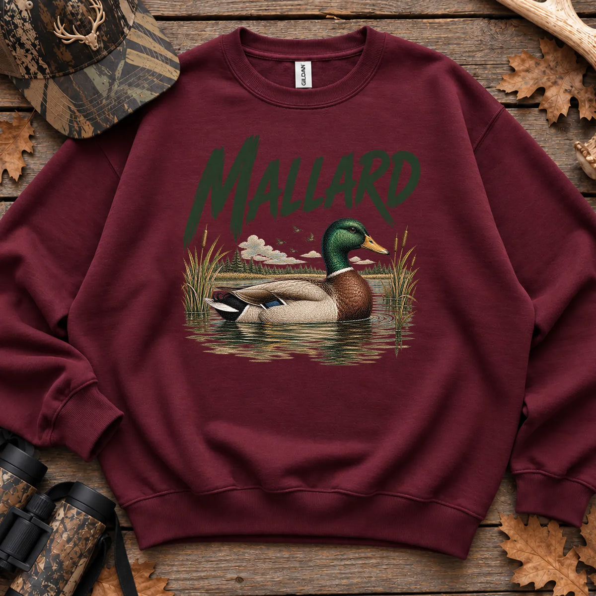 Mallard Waterfowl Scene Sweatshirt in Maroon