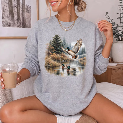 Mallards Fall Pond Sweatshirt Women model in Sport Grey