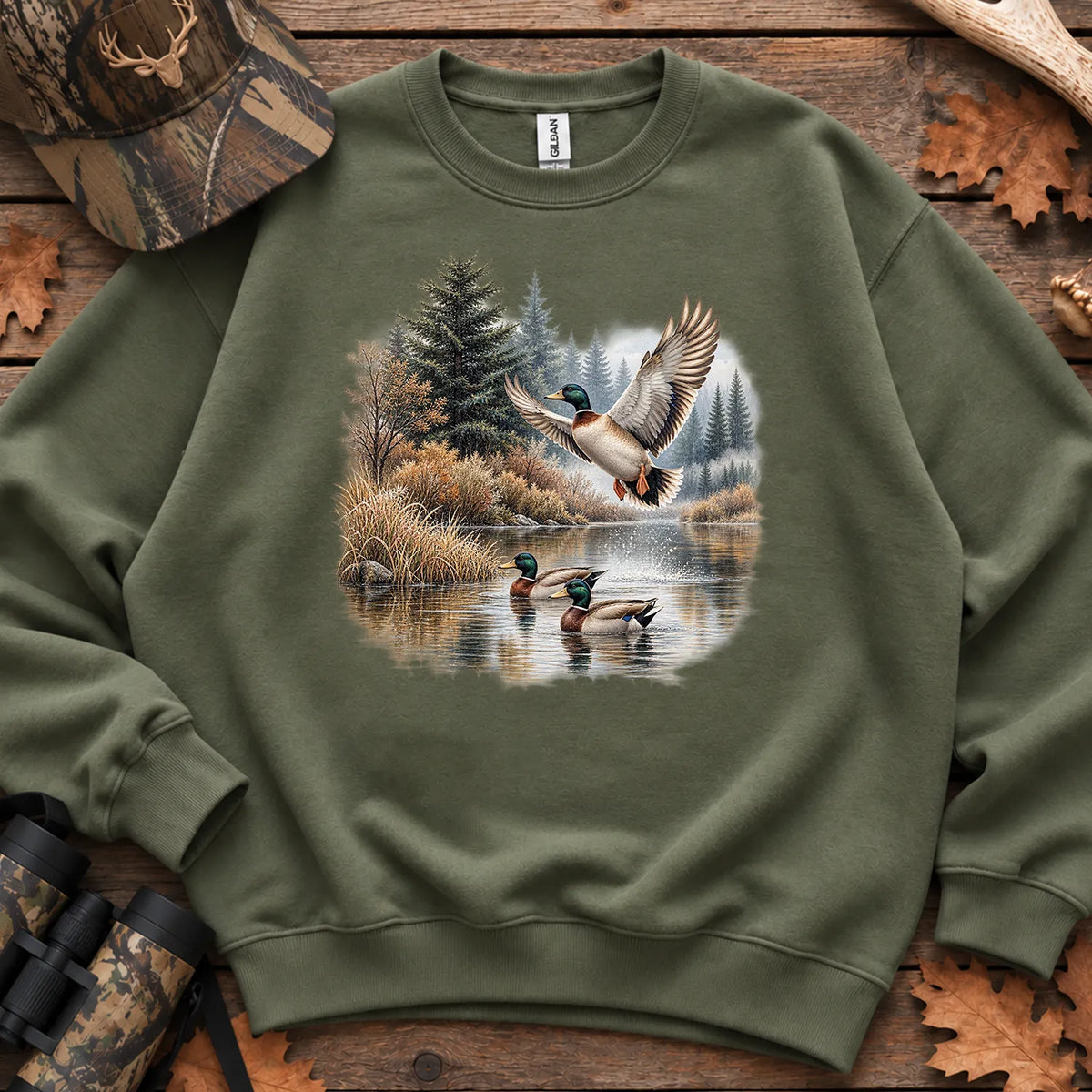 Mallards Fall Pond Sweatshirt in Military Green