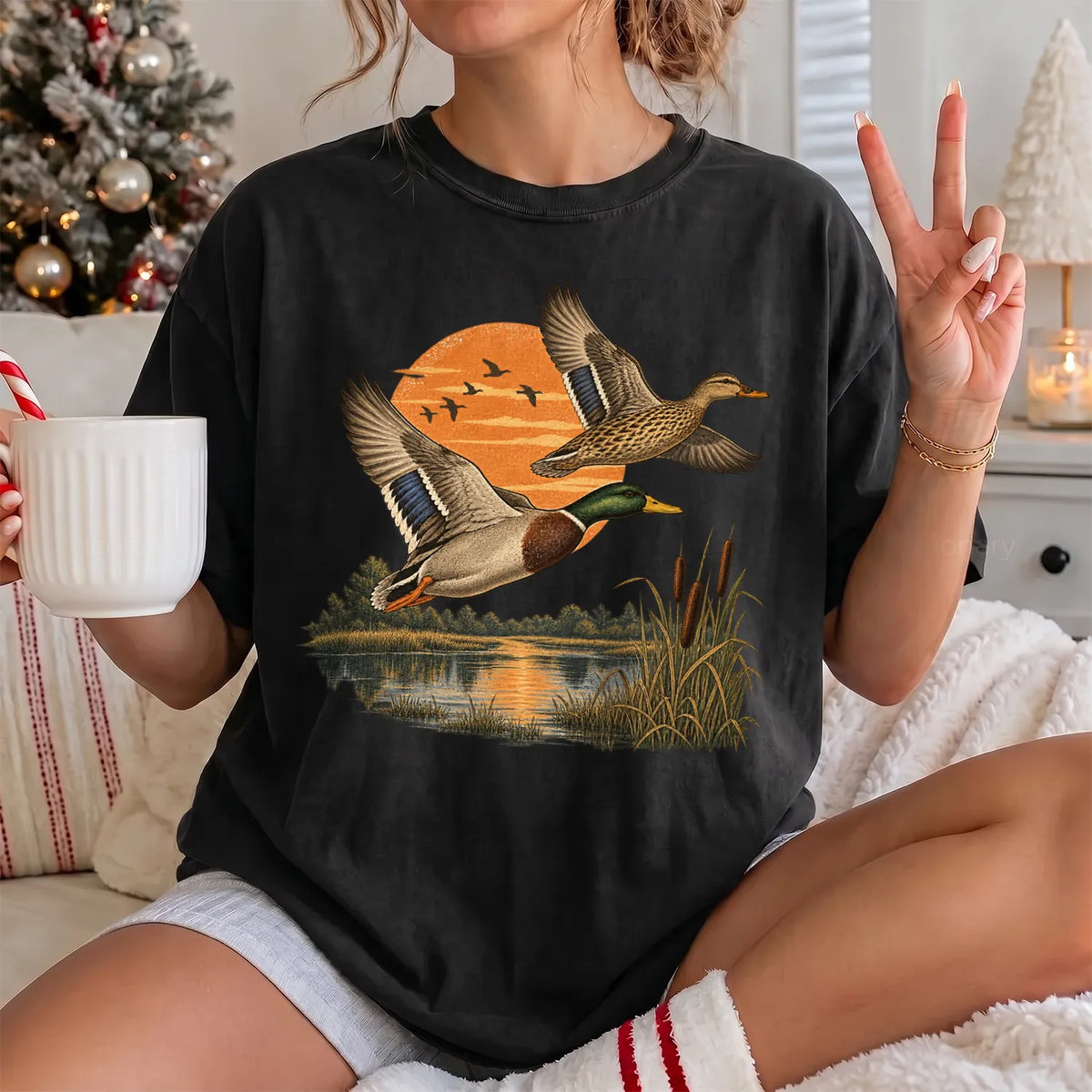 Mallards Sunset Pond T-Shirt Women model in Black