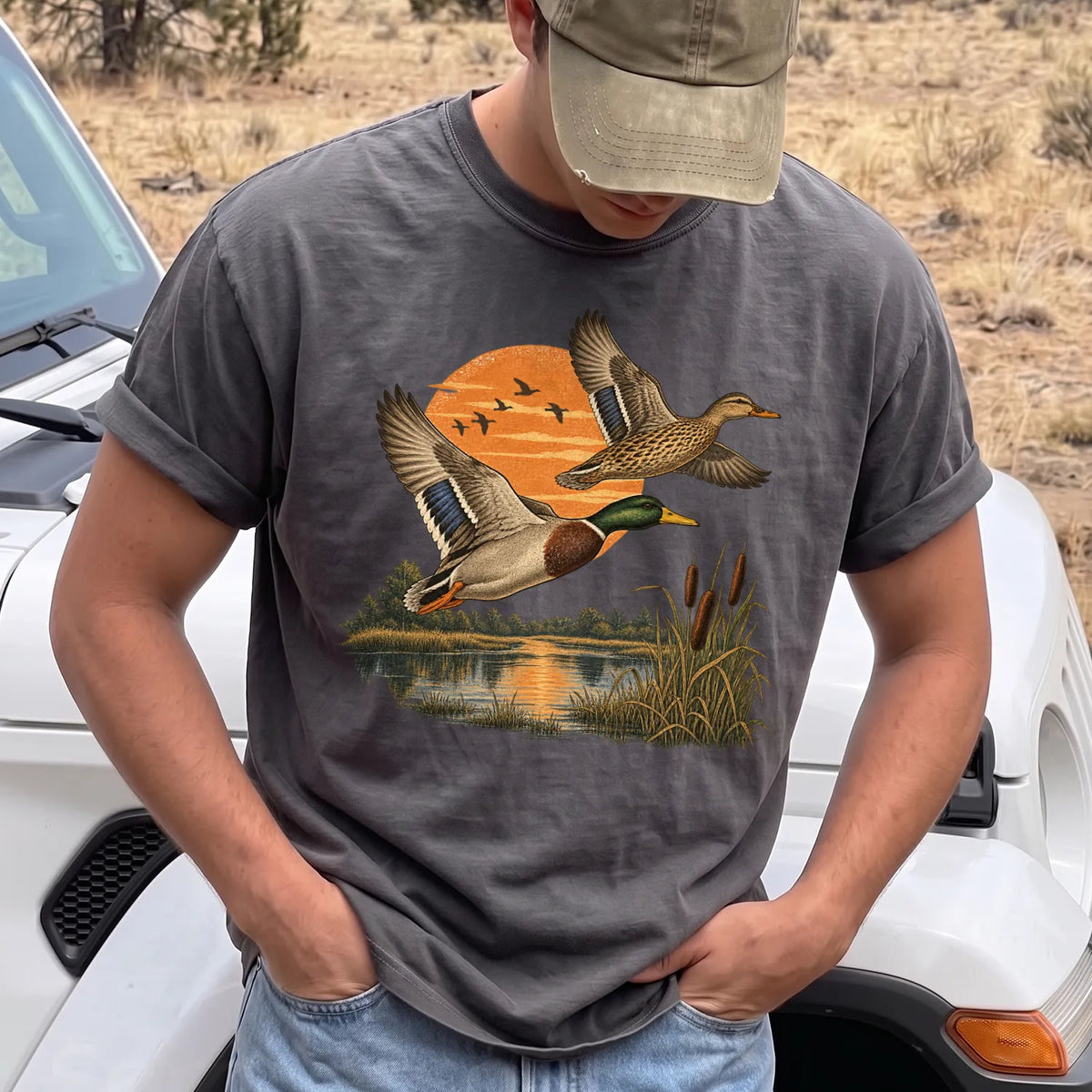 Mallards Sunset Pond T-Shirt Men model in Pepper