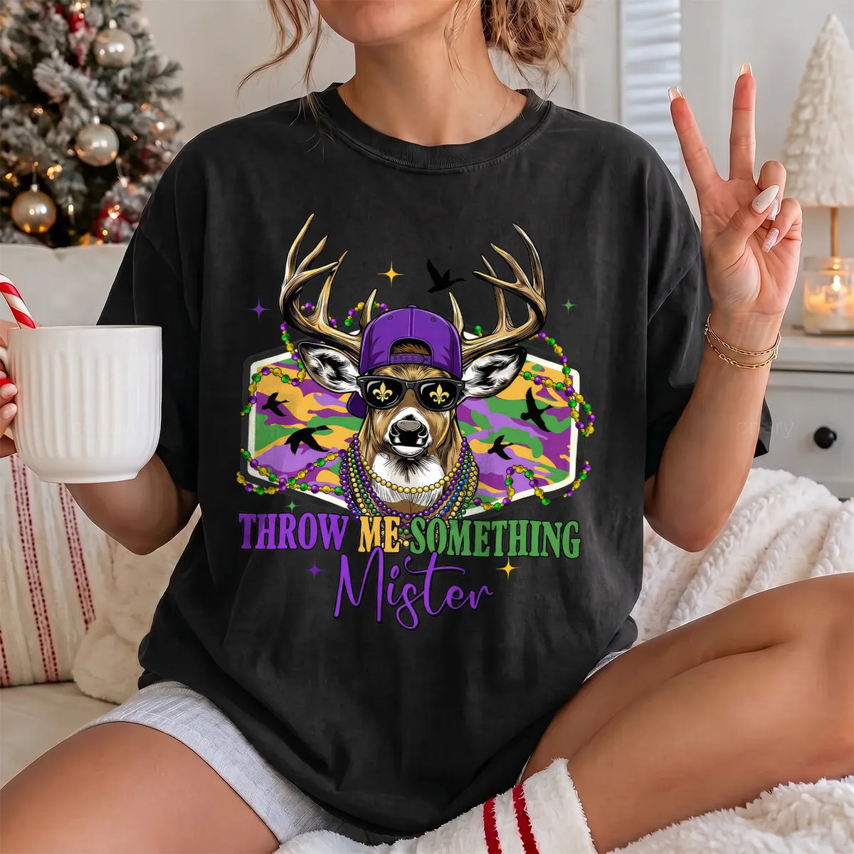 Mardi Gras Buck T-Shirt Women model in Black