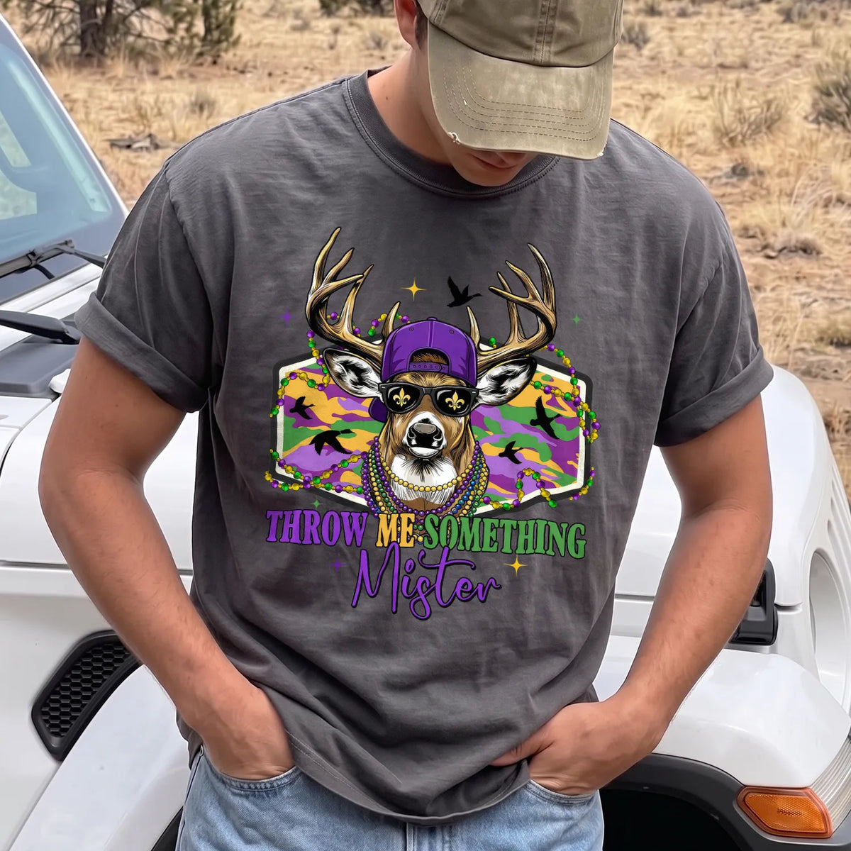 Mardi Gras Buck T-Shirt Men model in Pepper