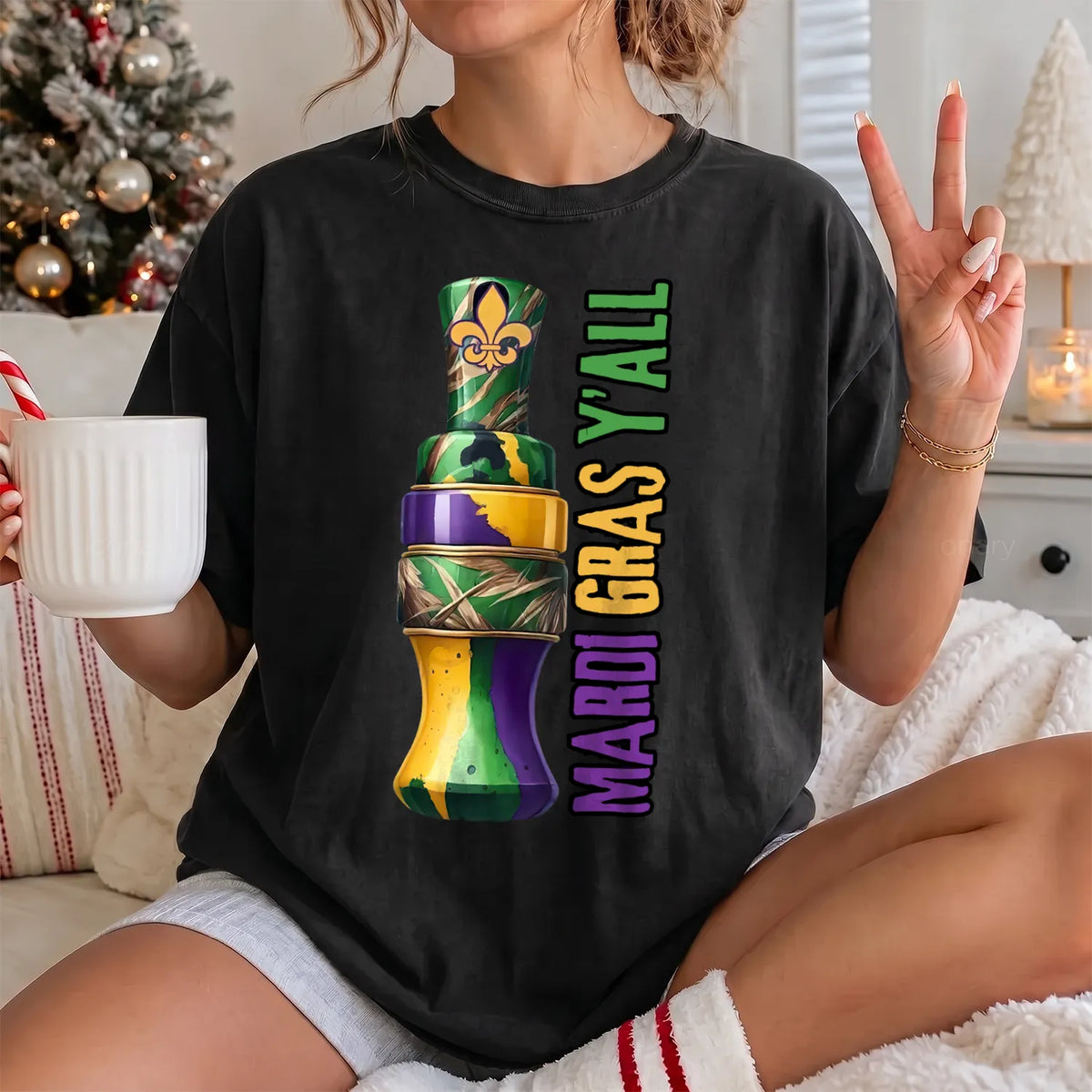 Mardi Gras Y'all Duck T-Shirt Women model in Black