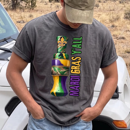 Mardi Gras Y'all Duck T-Shirt Men model in Pepper