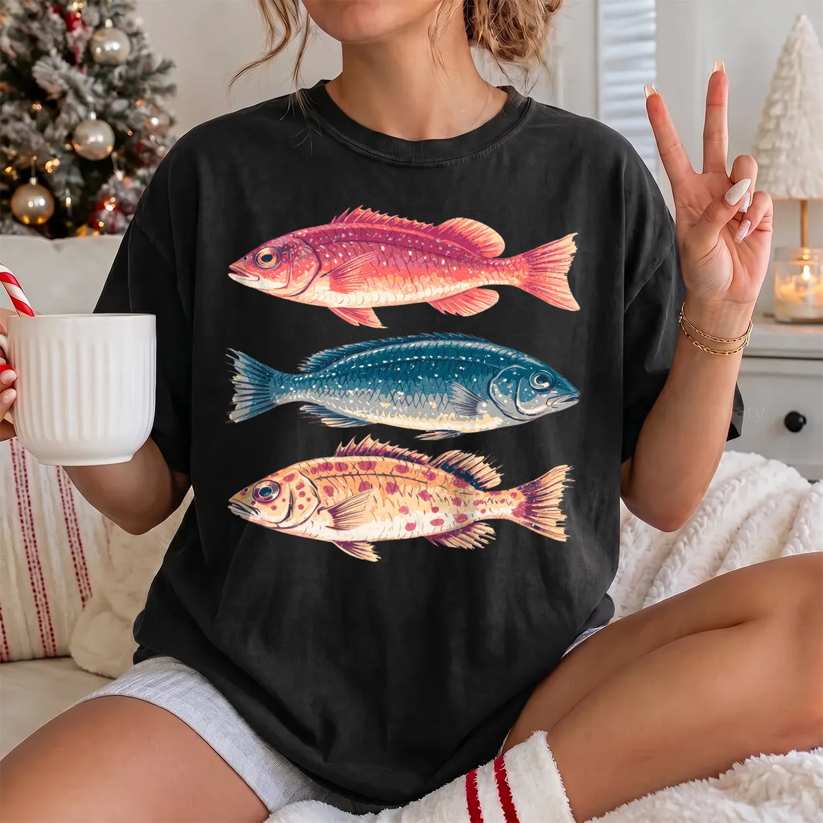 Marine Fish Trio T-Shirt Women model in Black