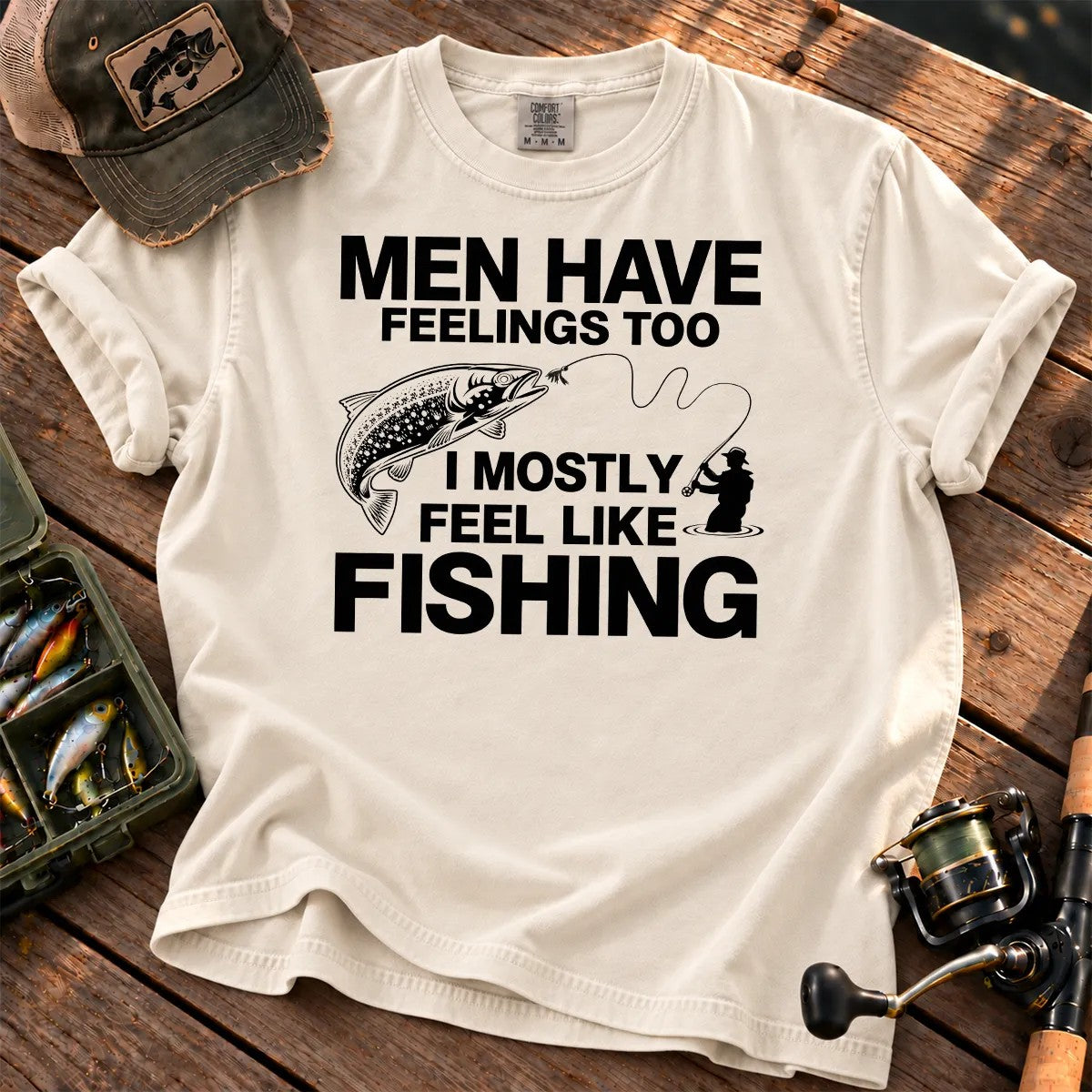 Men Have Feelings Too Fishing T-Shirt in Ivory