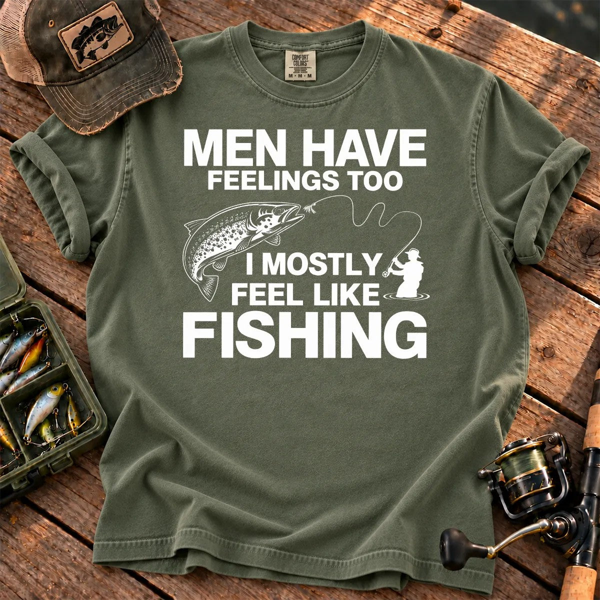 Men Have Feelings Too Fishing T-Shirt in Moss