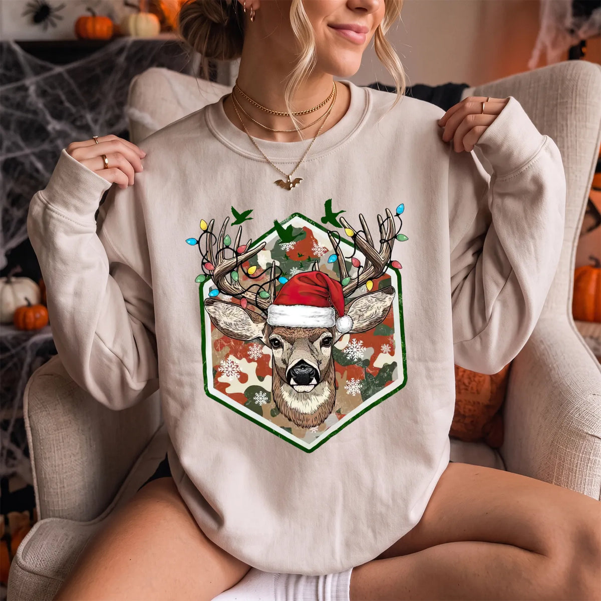 Merry and Bright Deer Sweatshirt Women model in Sand