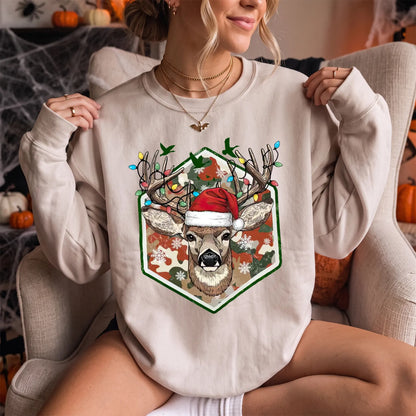 Merry and Bright Deer Sweatshirt Women model in Sand
