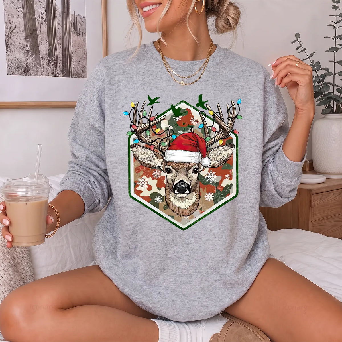 Merry and Bright Deer Sweatshirt Women model in Sport Grey