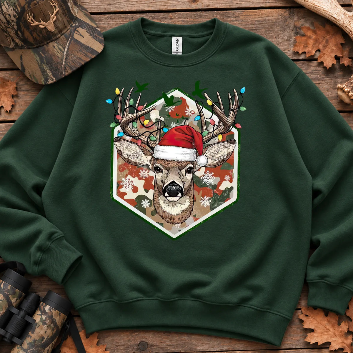 Merry and Bright Deer Sweatshirt in Forest Green