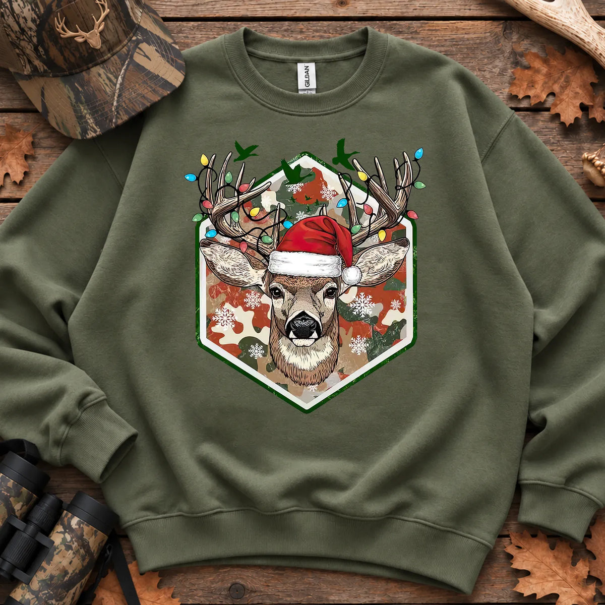 Merry and Bright Deer Sweatshirt in Military Green