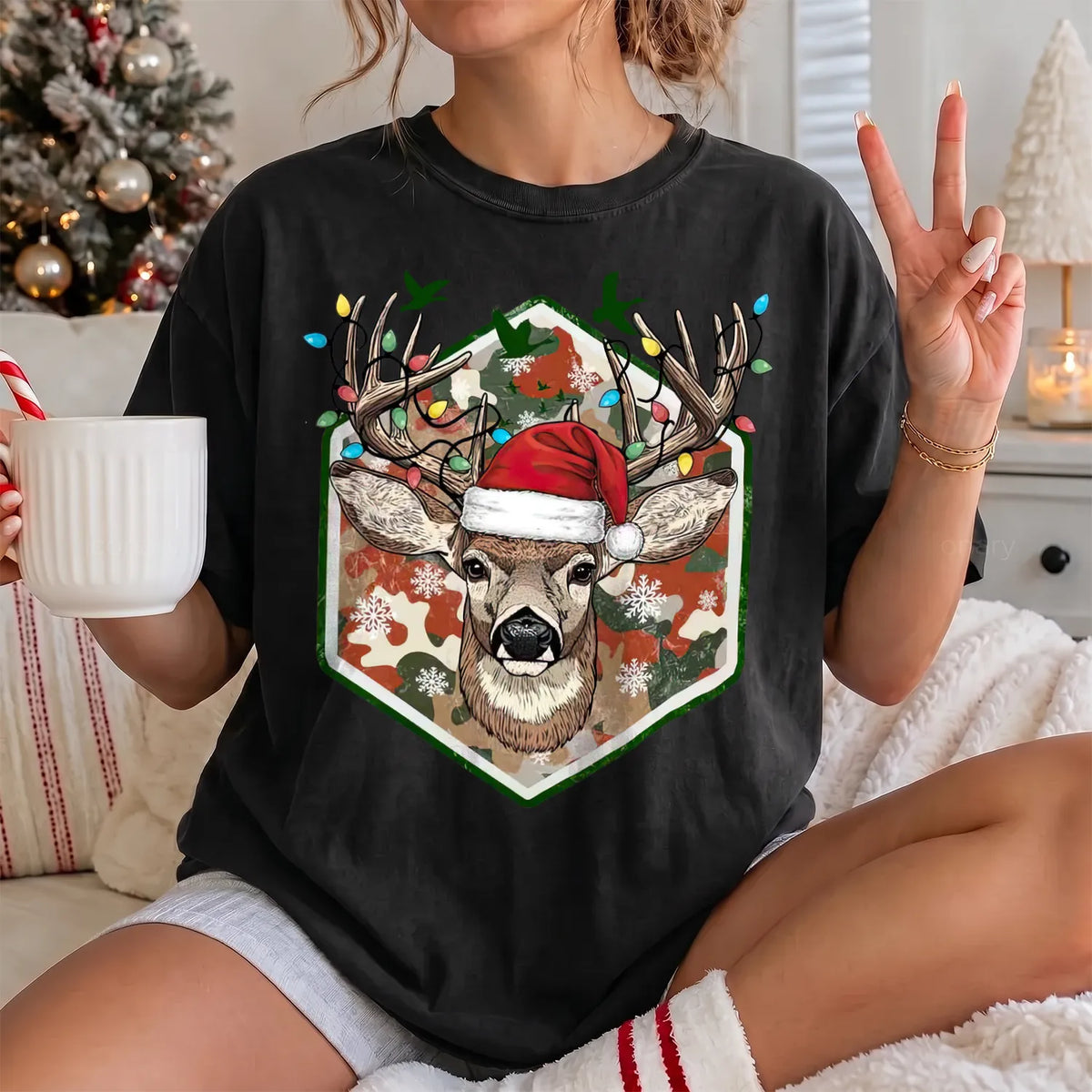 Merry and Bright Deer T-Shirt Women model in Black