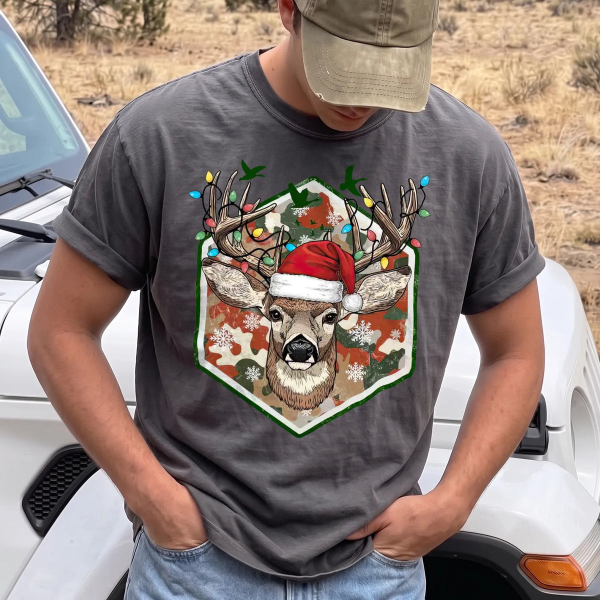 Merry and Bright Deer T-Shirt Men model in Pepper