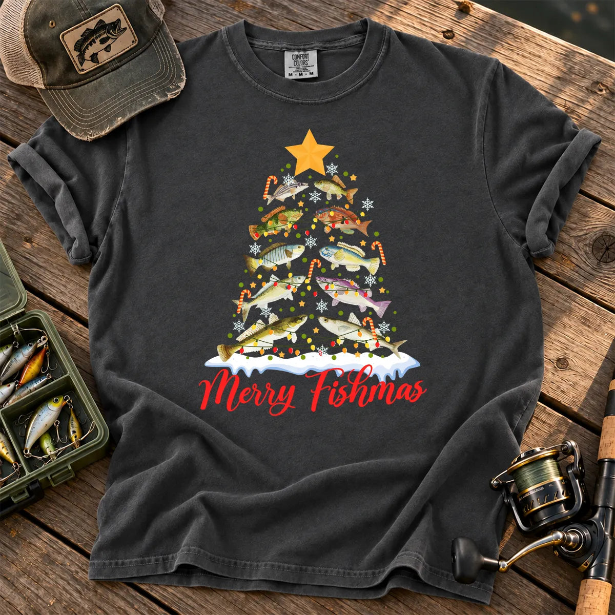 Merry Fishmas Fish Tree T-Shirt in Pepper