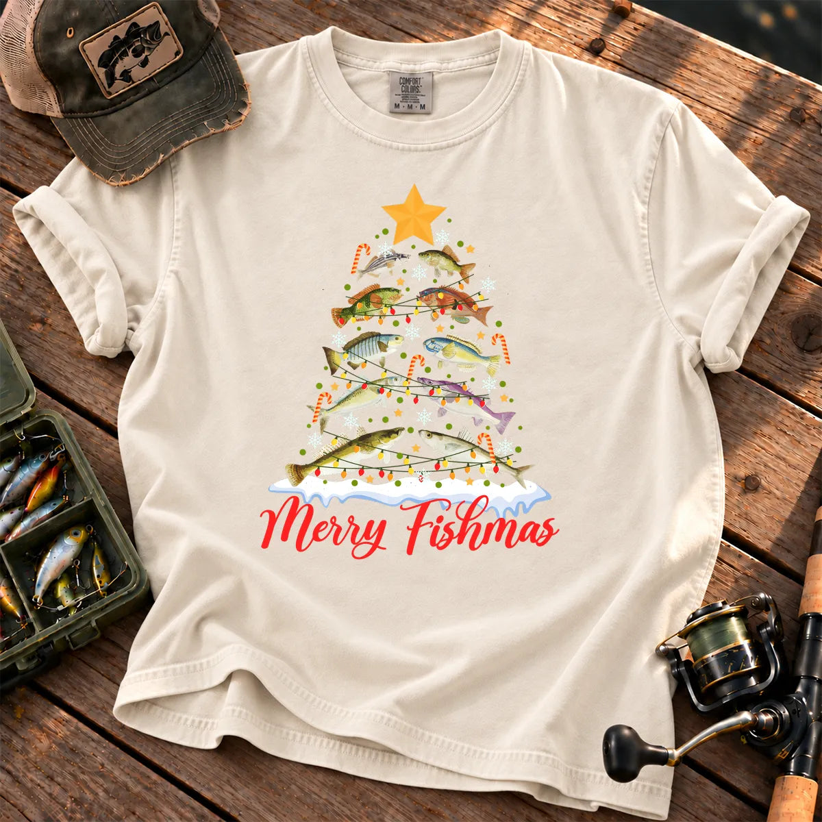 Merry Fishmas Fish Tree T-Shirt in Ivory