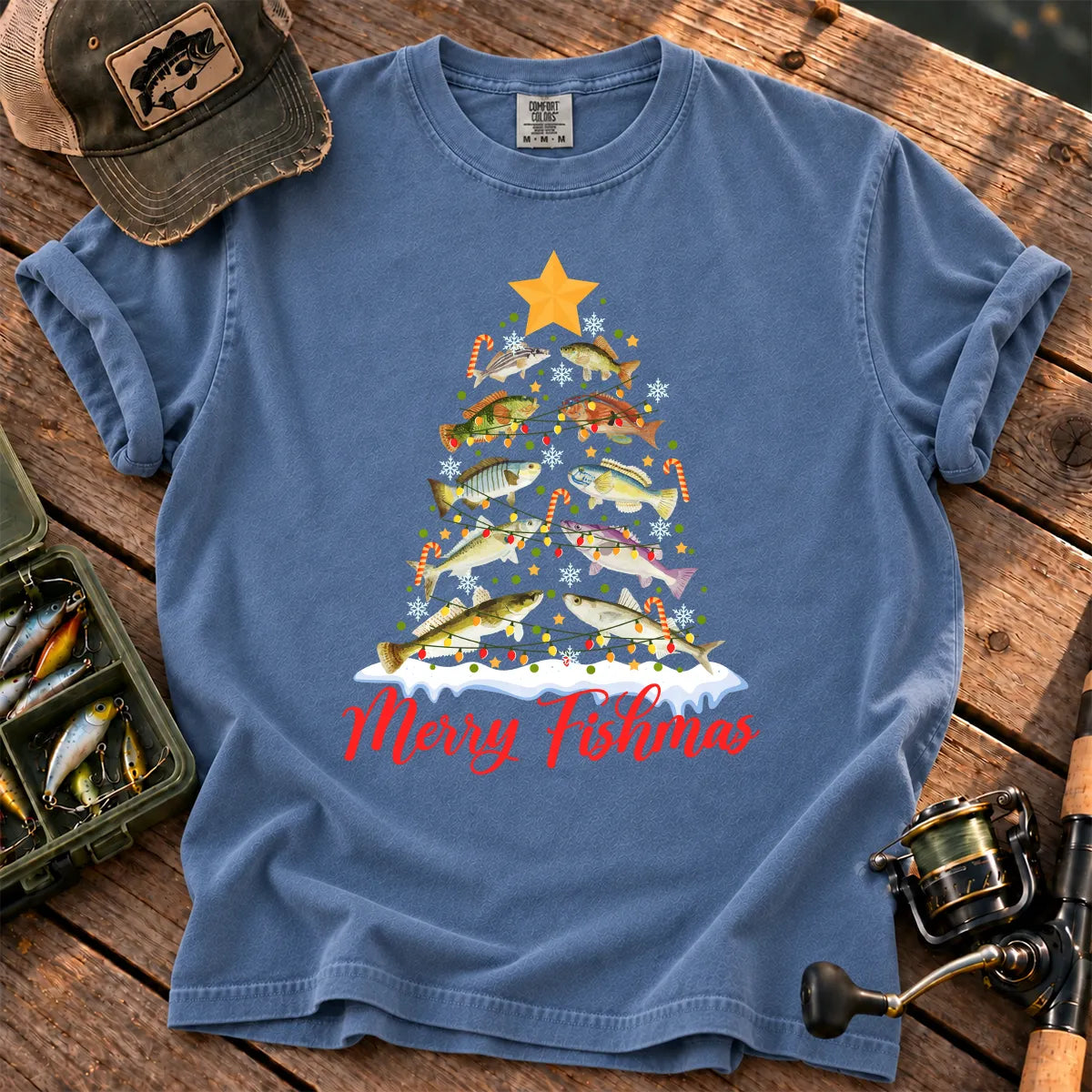 Merry Fishmas Fish Tree T-Shirt in Blue Jean