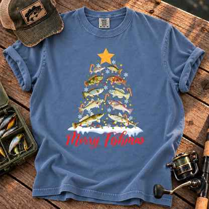Merry Fishmas Fish Tree T-Shirt in Blue Jean