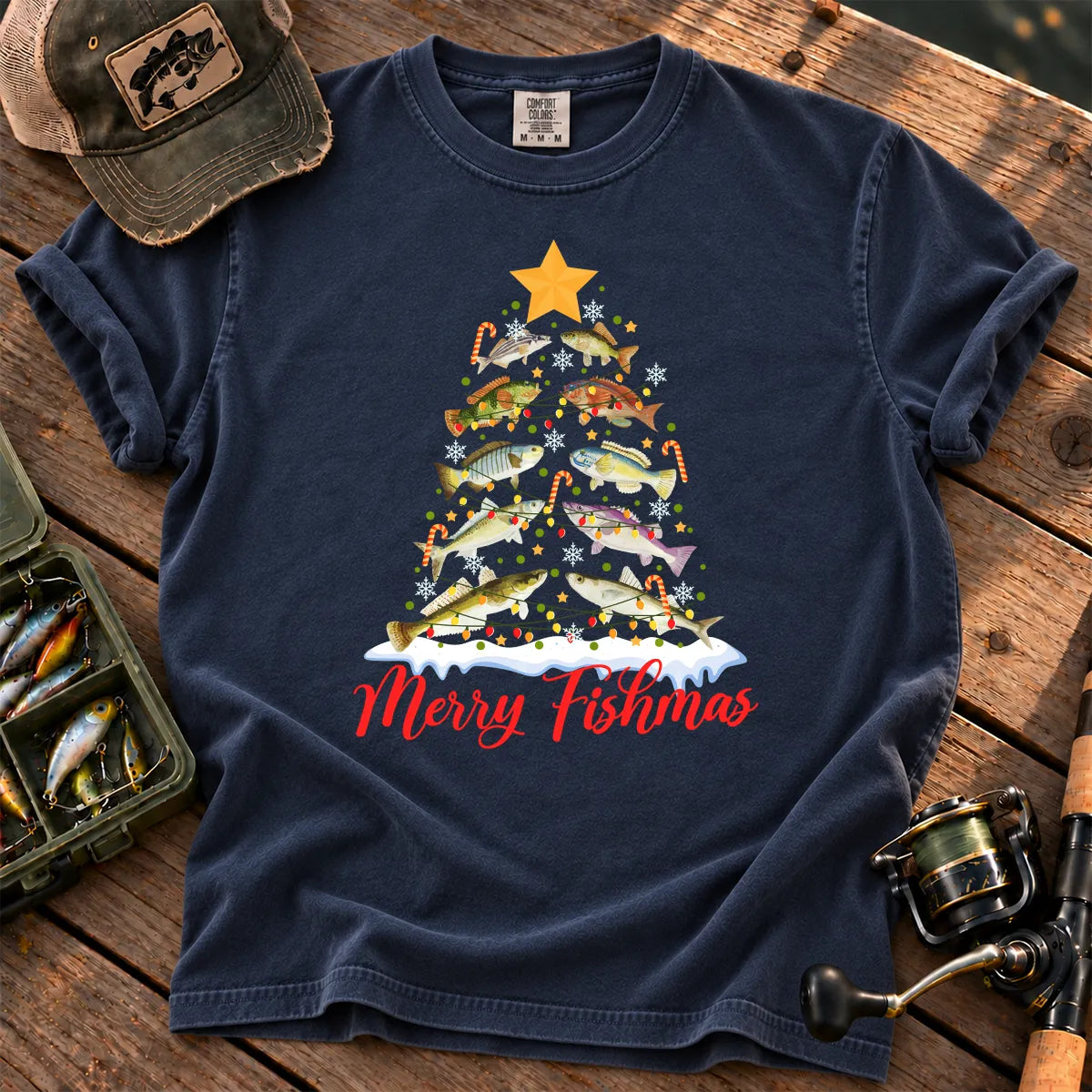 Merry Fishmas Fish Tree T-Shirt in True Navy