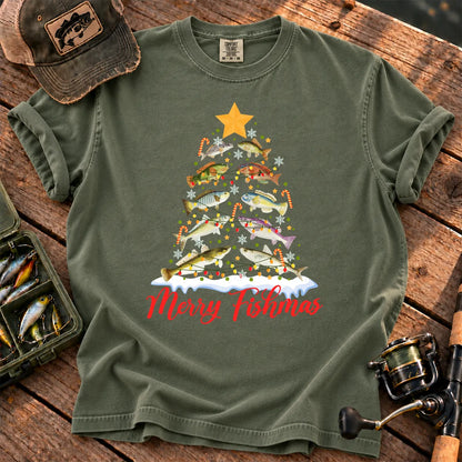 Merry Fishmas Fish Tree T-Shirt in Moss